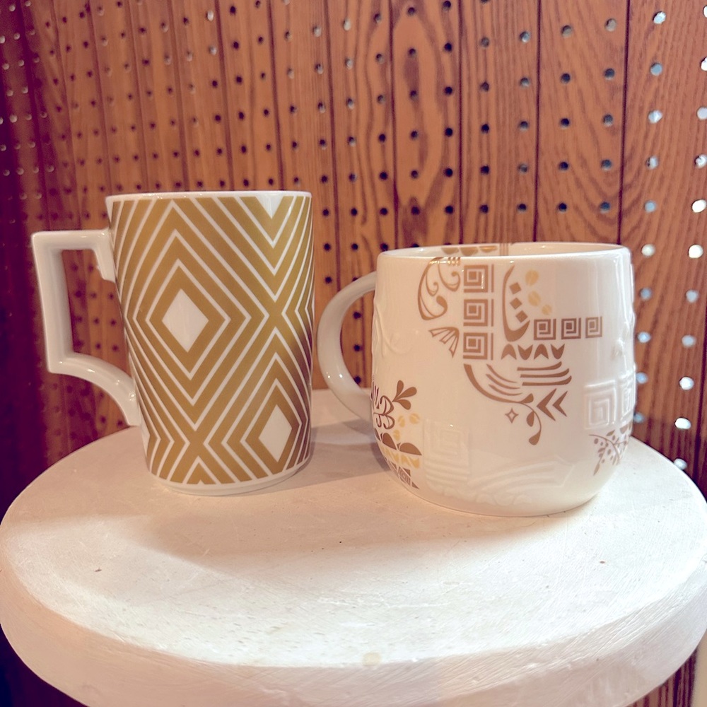 Set of 2 Starbucks gold themed mugs 2012 & 2013